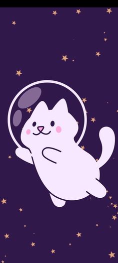 a white cat flying through the air with stars on it's back and purple background