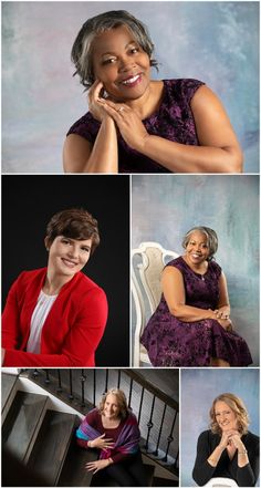 four photos of women smiling and posing for pictures