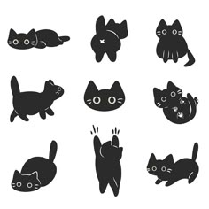 black and white silhouettes of cats with different facial expressions, including one cat's eyes