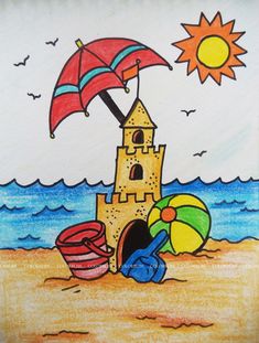 a drawing of a sand castle with an umbrella