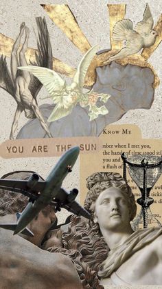 the collage has many different pictures and words on it, including an angel with wings