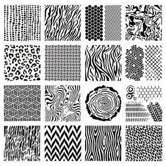 black and white zebra print patterns in different sizes, shapes, and colors on a white background