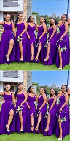 the bridesmaids in purple dresses are posing for pictures with each other on the grass