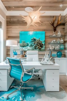 a home office with an aquarium in the background