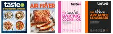 three different magazine covers with the same food item on each one side and an advertisement for their cookbooks