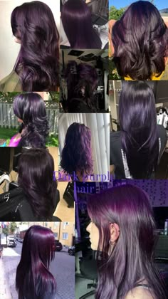 Photo collage of dark purple hair dye Short Wolf Haircut, Classic Pixie, Textured Pixie, Skunk Hair, Women Pixie Cut, Popular Short Haircuts, Dark Purple Hair, Wolf Haircut, Wine Hair