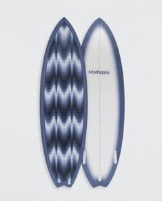 two surfboards are shown side by side on a white surface, one is blue and the other is grey