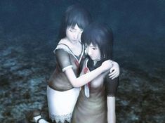 two girls hugging each other in the dark water with rocks and algaes around them