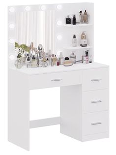 a white vanity with lights on it and various items in front of the counter top