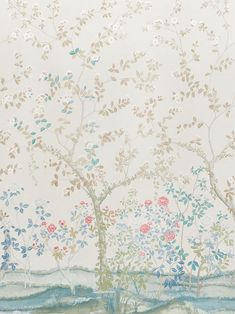 an image of a painting with flowers and trees in the foreground, on a white background