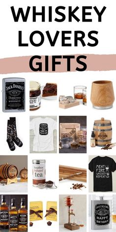 whiskey lovers gifts for him and her with the title overlaying them in black