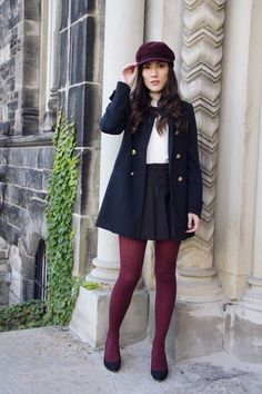 Colorful Tights Outfit, Burgundy Tights Outfit, Cabby Hat, Colorful Tights, Burgundy Tights, Colored Tights Outfit, Red Tights, Burgundy Outfit, Navy Coat