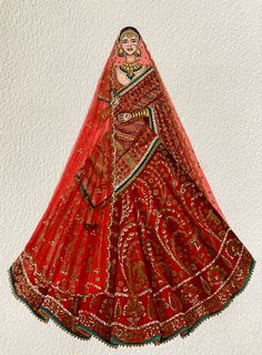 a painting of a woman dressed in red and gold with an elaborate veil on her head