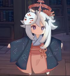 an anime character with white hair wearing a kimono and holding a cat mask on her head