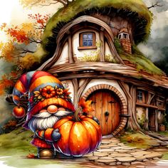 a painting of a gnome with a pumpkin in front of a hobbot house