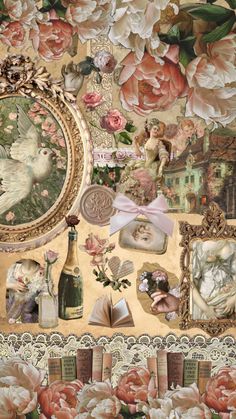 a collage of flowers, pictures and other items on a table with an ornate frame