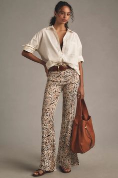 By Anthropologie Satin Flare Pants | Anthropologie Anthropologie Inspired Outfits, 70s Pants Outfits, Anthropologie Outfits Inspiration, Anthropology Clothing, Satin Flare Pants, Sheer Pants Outfit, Bohemian Pants Outfit, Anthropologie Outfits, Anthropologie Fashion