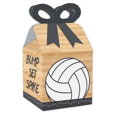 a wooden box with a volleyball on it that says bump set spike in black lettering