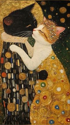 a painting of two cats hugging each other with gold and black circles around the image