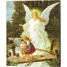 an angel with two children crossing a bridge