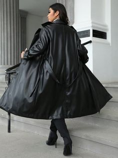 Plus Size Women's Long Sleeve Single-Breasted PU Long Trench Coat, Spring & Autumn Black Casual  Long Sleeve PU Leather Plain Regular Non-Stretch  Women Plus Clothing, size features are:Bust: ,Length: ,Sleeve Length: