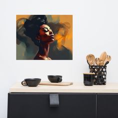 an abstract painting of a woman's face on a wall next to bowls and utensils