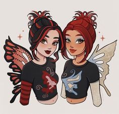 two girls with red hair and black shirts are standing next to each other, one is wearing an angel wings t - shirt