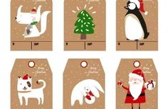 christmas tags with cartoon animals and santa claus