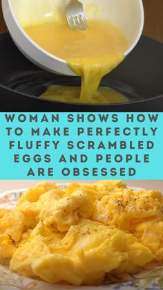 scrambled eggs are being drizzled with yellow sauce and then served on a plate