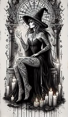 a black and white drawing of a witch sitting on a chair with candles in front of her