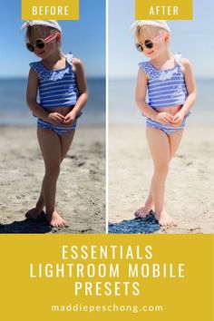 two photos with the words essentials lightroom mobile presets in yellow and blue