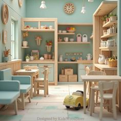 a toy car sits in the middle of a playroom with wooden tables and chairs