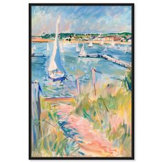 a painting of sailboats on the water