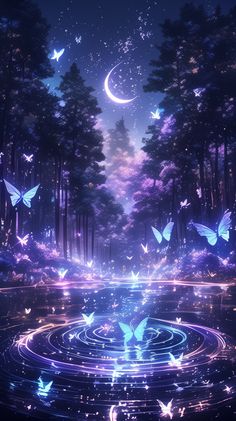 the night sky is filled with butterflies and stars, as if they were floating in water