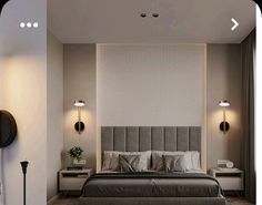 a bed sitting in the middle of a bedroom next to two lamps on either side of it