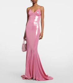 Featuring the label's signature fishtail hem, this gown from Norma Kamali is made from a shimmering metallic fabric and has a halterneck..Material: 95% polyester, 5% elastane.Care instructions: dry clean.Made in China.Designer color name: Candy Pink.True to size.Low back.Fitted.Mid-weight material.Stretchy fabric.The model seen in the picture is 178cm-5'10' and wearing a size XS Glamorous Bias Cut Maxi Dress For Prom, Glamorous Fishtail Maxi Dress, Metallic Maxi Dress For Prom, Glamorous Evening Maxi Dress With Fishtail, Glamorous Party Maxi Dress With Bias Cut, Glamorous Evening Fishtail Maxi Dress, Glamorous Fishtail Evening Maxi Dress, Glamorous Fishtail Maxi Dress For Gala, Party Satin Mermaid Dress With Fishtail