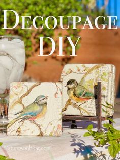 there are two coasters with birds on them and the words decoupage diy