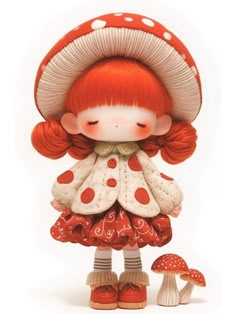 a doll with red hair is standing next to a mushroom