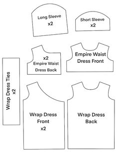 the sewing pattern for an empire waist dress is shown in three different sizes and measurements