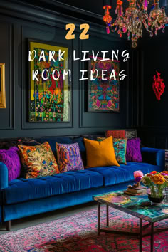 the living room is decorated in black and blue with colorful pillows, artwork, and chandelier