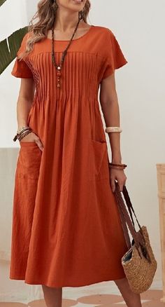 Moda Over 50, Western Dress For Women, Loose Fitting Dresses, Elegant Dresses For Women, Vestido Casual, Western Dresses, Orange Dress, Womens Midi Dresses, Womens Maxi Dresses