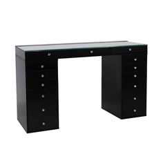 a black desk with lots of drawers and glass top on it's sides, against a white background