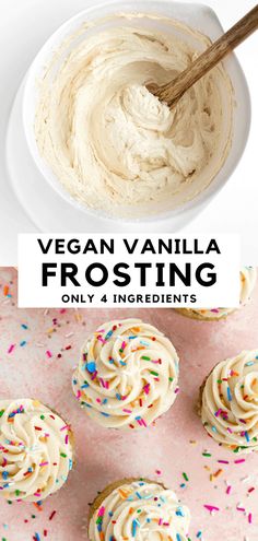 vegan vanilla frosting in a bowl with sprinkles on the side