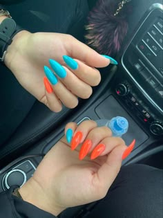 Multi Colored Nails Coffin, Nails Two Hands Different Color, Acrylic Nails Two Different Color Nails On Each Hand, Two Different Colors On Each Hand Nails, Bright Almond Acrylic Nails, Acrylic Nails Different Colors Each Hand, Nails Each Hand Different Color, Vibrant Spring Nails, One Color On Each Hand Nails