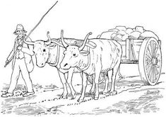 an old drawing of two oxen pulling a wagon full of hay with a man standing next to it