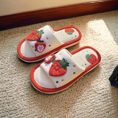 These slippers are the comfiest shoes you'll ever wear. Providing cushion and comfort for everyday wear!  ❤️Warm & Cozy: Perfect for wearing around the house or outside, great for unlimited use!    🍓Cute Strawberry Design: These shoes display strawberries that add a cute touch to any wear! 🍰Durable: Made with high quality, softest materials for everyday wear.  Nonslip, thick design allows you to wear these slippers outdoors as well! Feel free to message me on Etsy with any questions or concerns, I will answer as soon as I can! 🤍 Comfortable Non-slip Slides With Round Toe, Non-slip Round Toe Flip Flops For Leisure, Non-slip Leisure Flip Flops, Non-slip Flip Flops For Leisure, Casual Indoor Slip-on Slides, Non-slip Slip-on Slippers With Round Toe, Comfortable Indoor Slides With Round Toe, Comfortable Round Toe Slides For Indoor Use, Comfortable Non-slip Closed Toe Slides