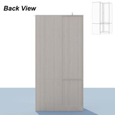 the back view of a white cabinet with two doors and an open door on one side