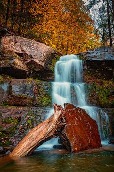 a waterfall in the middle of a forest surrounded by rocks and fallen tree trunks with fall foliage around it