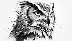 an owl is shown in black and white with watercolor splashes on the background