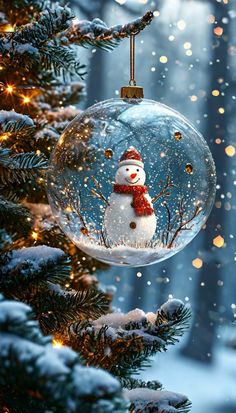 a snowman ornament hanging from a christmas tree in the middle of winter